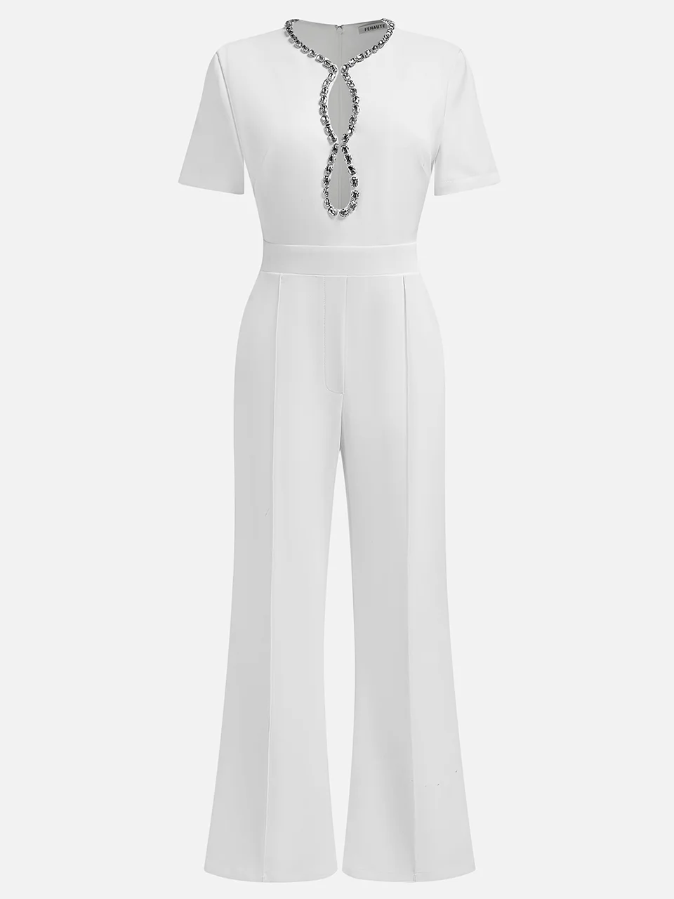 Women White Cut Out Short Sleeve Rheinstone Wide-Leg Jumpsuit 