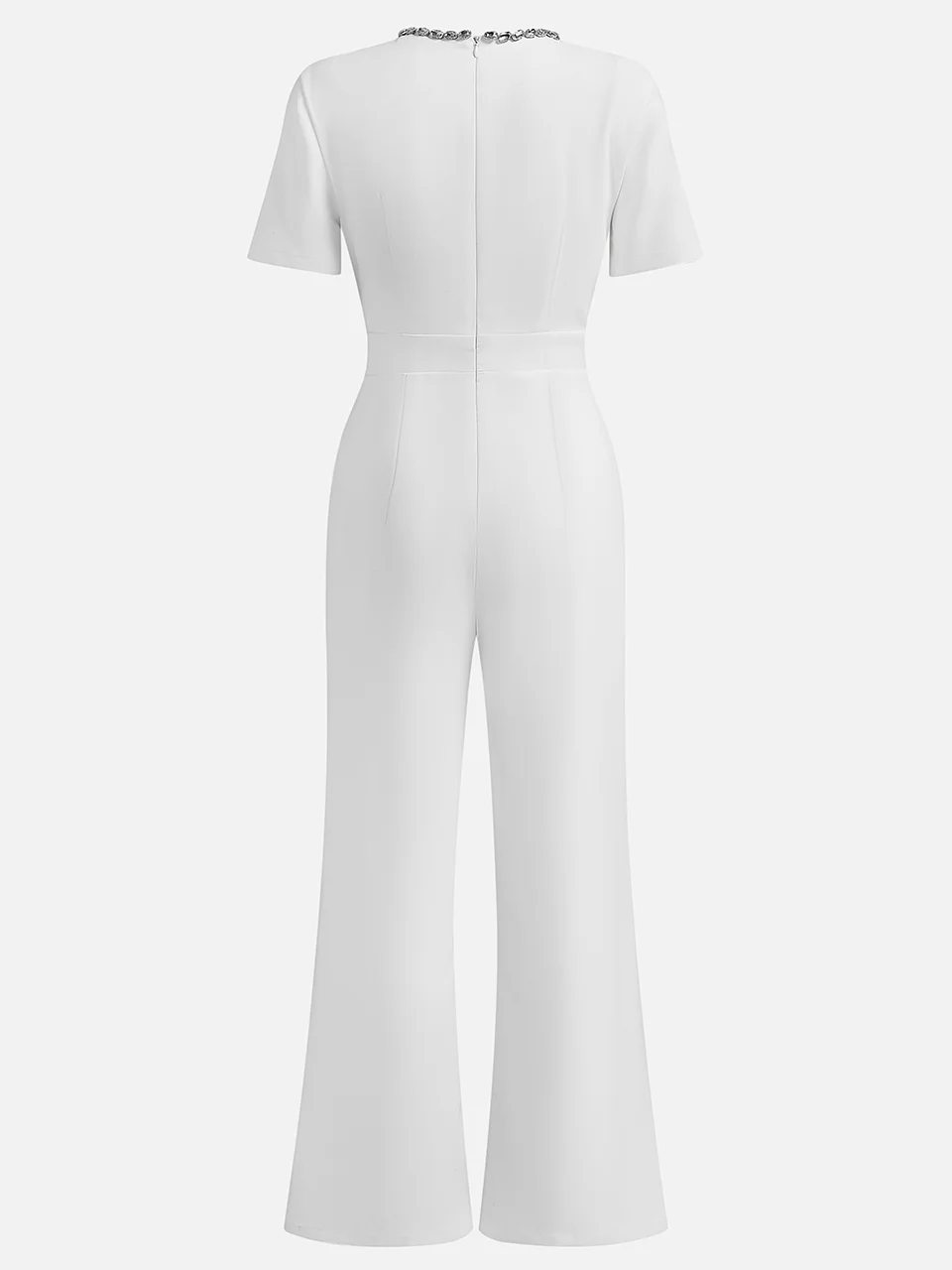 Women White Cut Out Short Sleeve Rheinstone Wide-Leg Jumpsuit 
