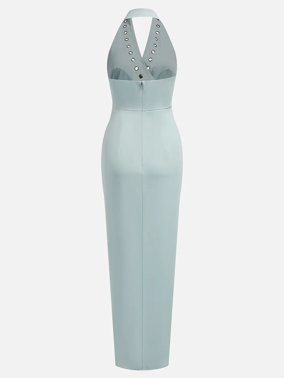 Blue Halter Rhinestones Knot Front Slit Sheath Gown Maxi Dress 