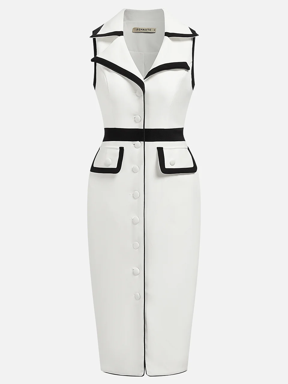 White Color Block Shawl Collar Sleeveless Knee-Length Sheath Dress