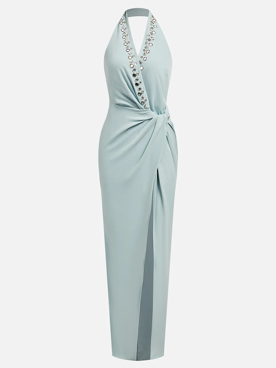 Blue Halter Rhinestones Knot Front Slit Sheath Gown Maxi Dress 