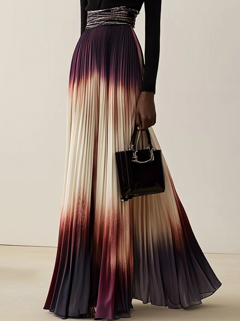 Women Ombre Black Long Sleeve A-line Pleated Two-Piece Set