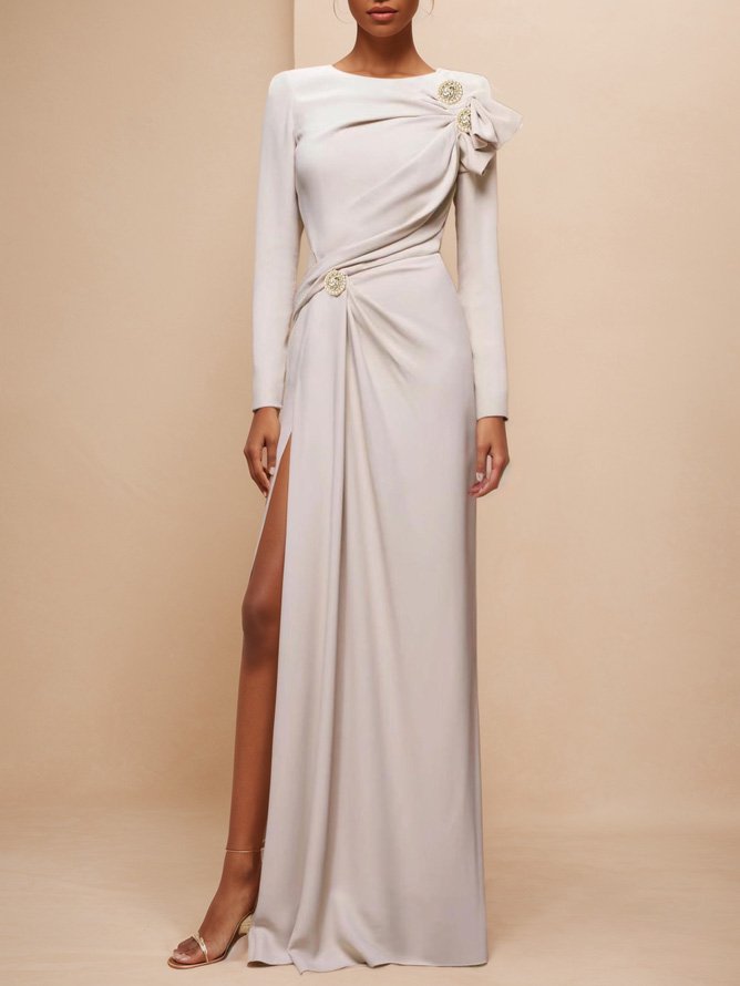 Apricot Ruched Long Sleeve Slit Shift Maxi Dress