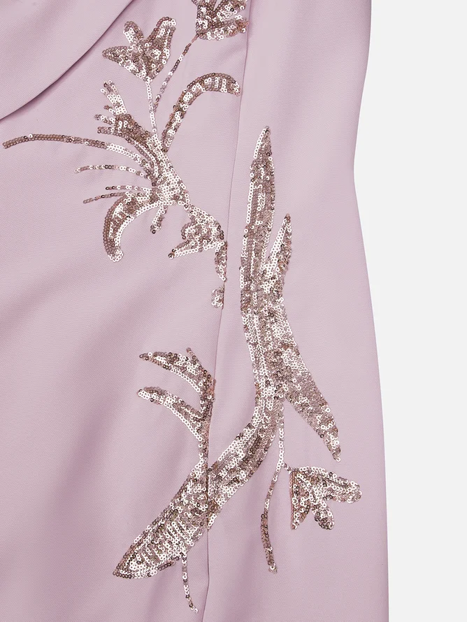 Lavender Purple High Neck Petal Sleeve Sequin Sheath Midi Dress