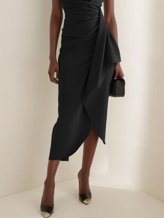 Black Cowl Neck Ruched Cap Sleeve Sheath Midi Dress