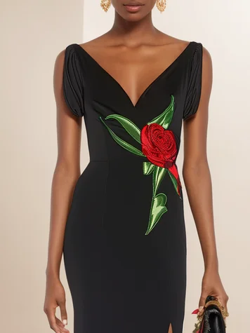 Black Floral Embroidered V Neck Sleeveless Slit Sheath Midi Dress