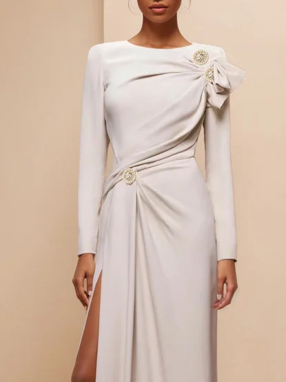 Apricot Ruched Long Sleeve Slit Shift Maxi Dress
