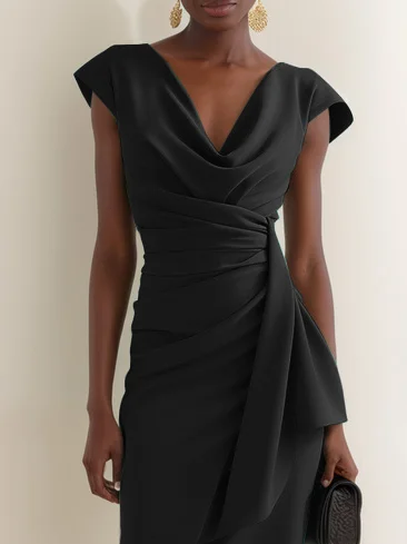 Black Cowl Neck Ruched Cap Sleeve Sheath Midi Dress