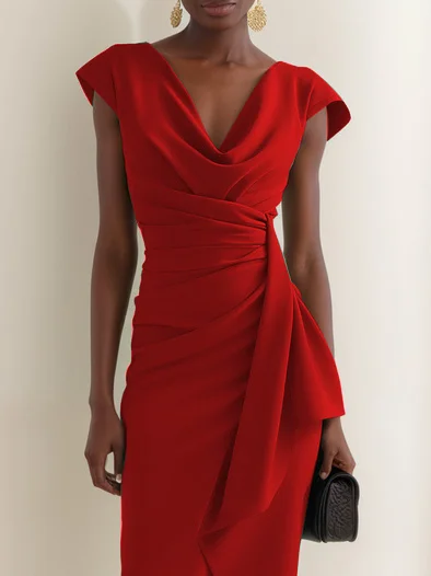 Red Cowl Neck Ruched Cap Sleeve Sheath Midi Dress