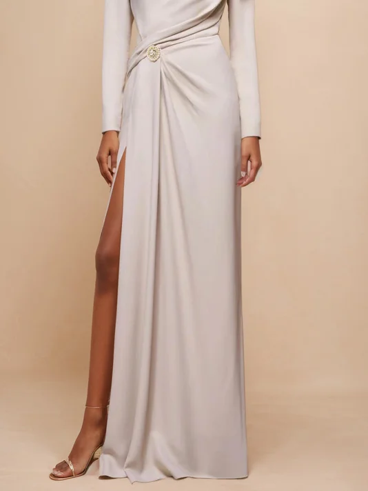 Apricot Ruched Long Sleeve Slit Shift Maxi Dress