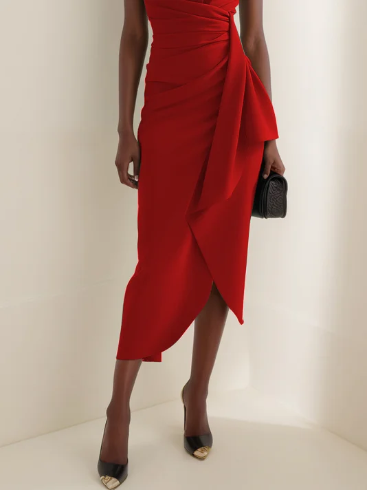 Red Cowl Neck Ruched Cap Sleeve Sheath Midi Dress