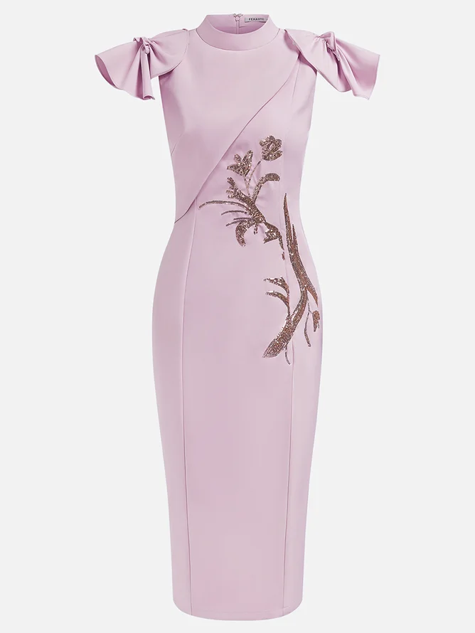 Lavender Purple High Neck Petal Sleeve Sequin Sheath Midi Dress