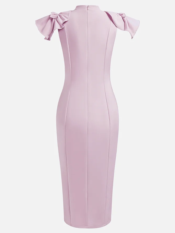 Lavender Purple High Neck Petal Sleeve Sequin Sheath Midi Dress