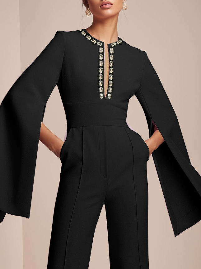 Women Black Rhinestone Split Bell Sleeve Wide-Leg Jumpsuit