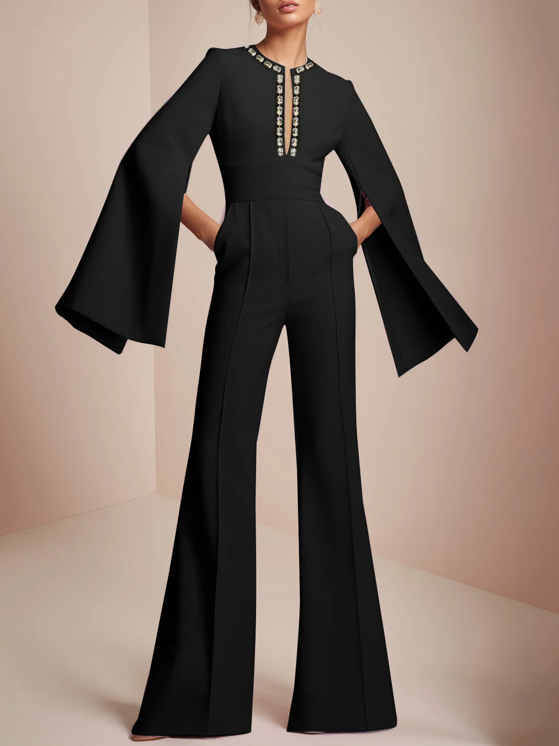 Women Black Rhinestone Split Bell Sleeve Wide-Leg Jumpsuit