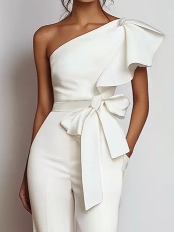 Women White Bow One Shoulder Wide-Leg Jumpsuit