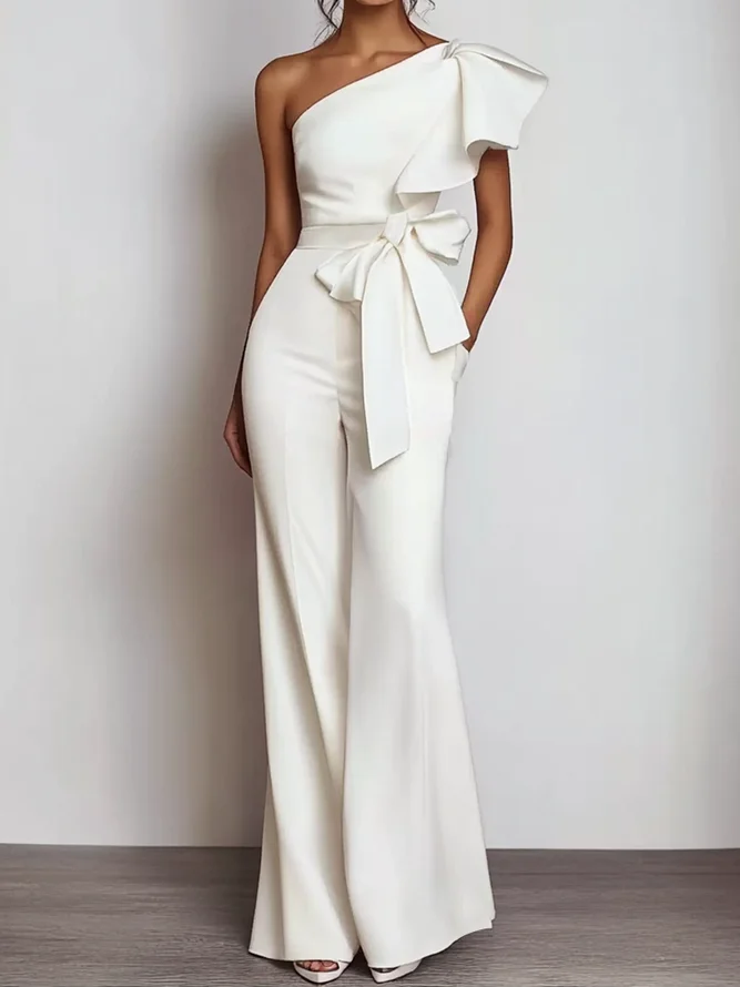 Women White Bow One Shoulder Wide-Leg Jumpsuit