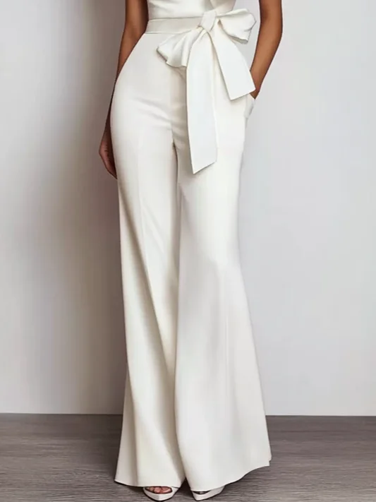 Women White Bow One Shoulder Wide-Leg Jumpsuit