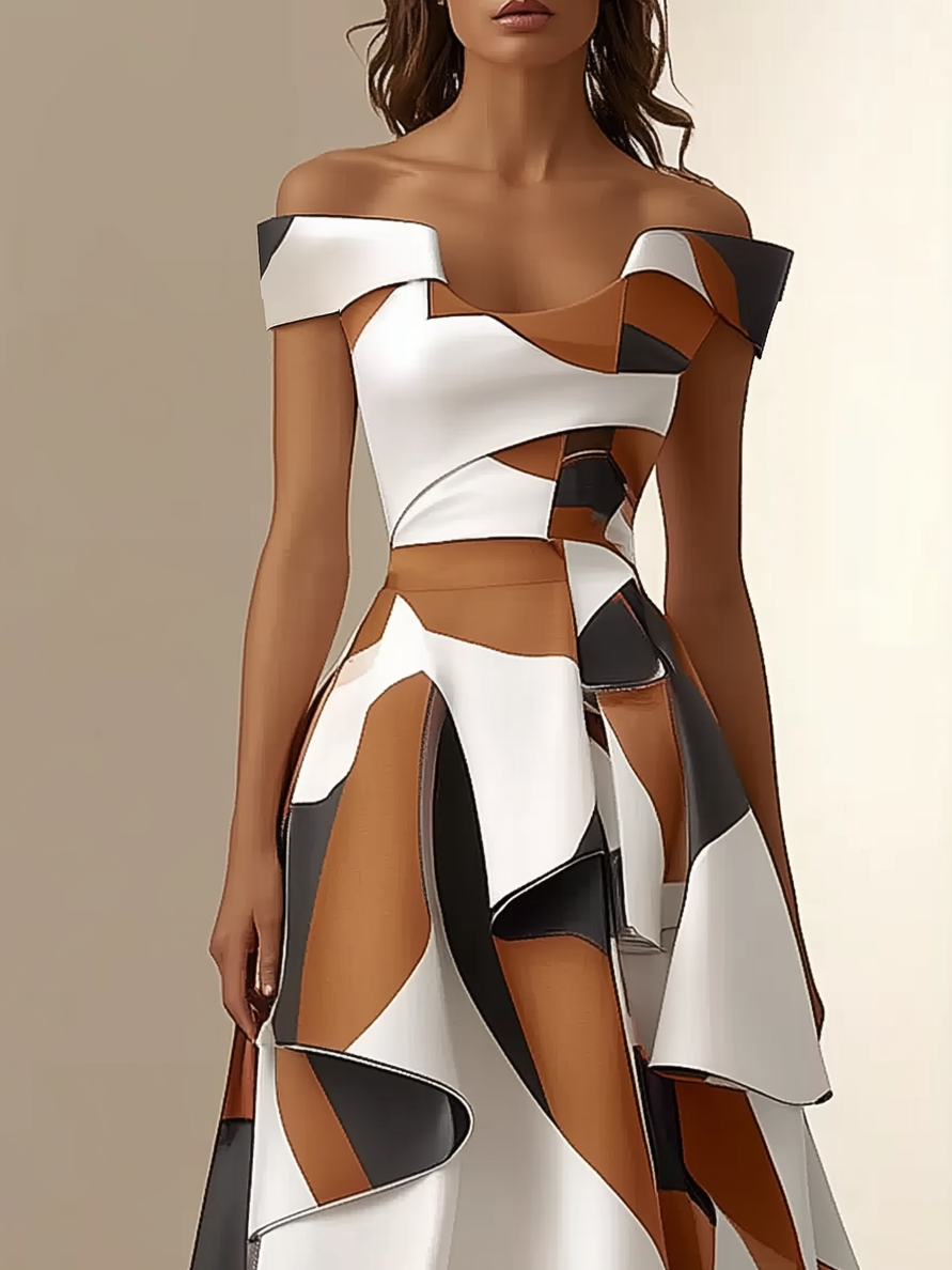 White Color Block Off The Shoulder A-Line Maxi Dress