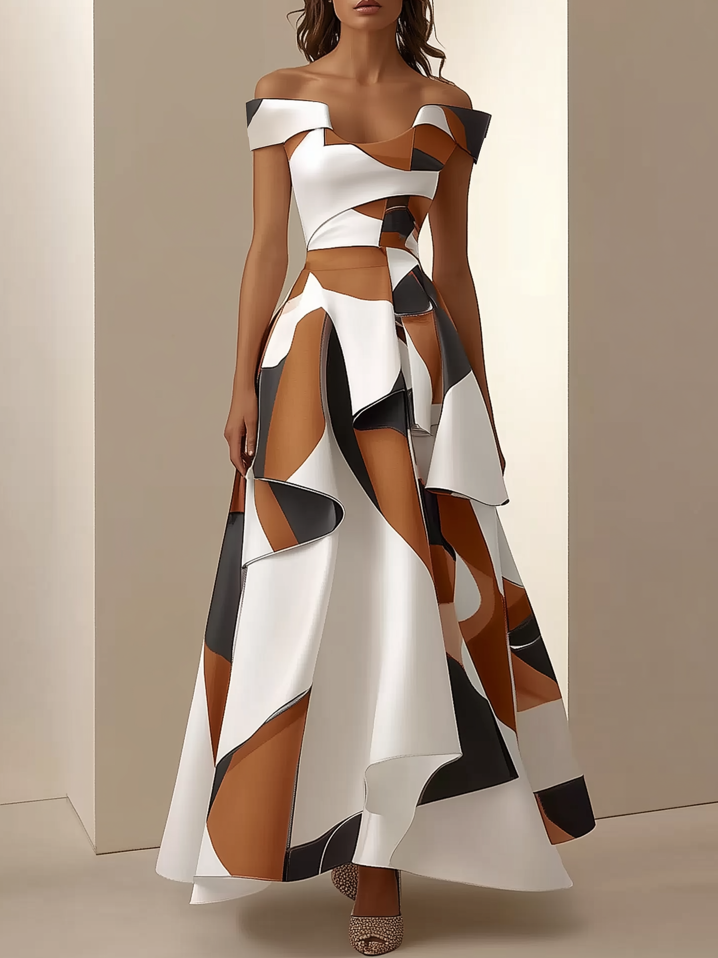 White Color Block Off The Shoulder A-Line Maxi Dress