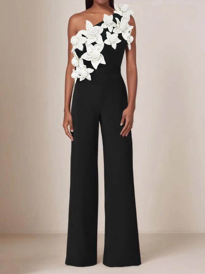 Women Black One Shoulder 3D Floral Wide-Leg Jumpsuit