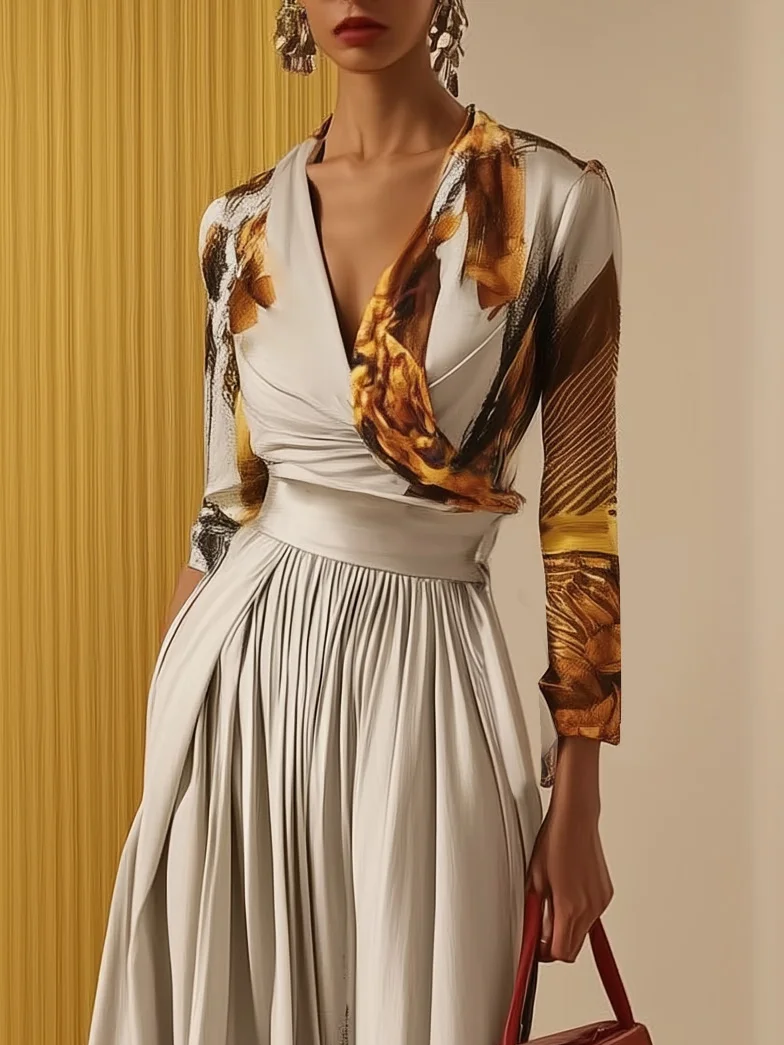 Women Light Khaki Floral V Neck Long Sleeve Wide-Leg Jumpsuit