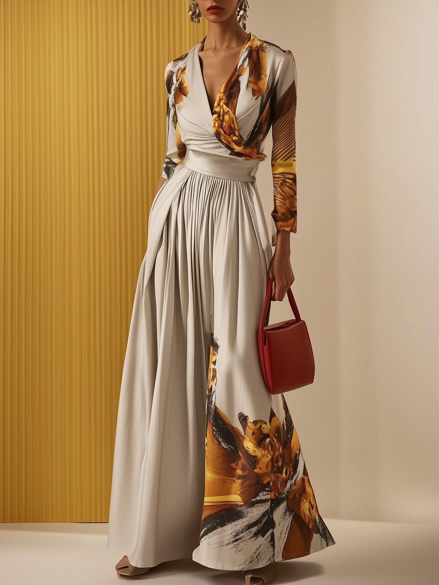 Women Light Khaki Floral V Neck Long Sleeve Wide-Leg Jumpsuit