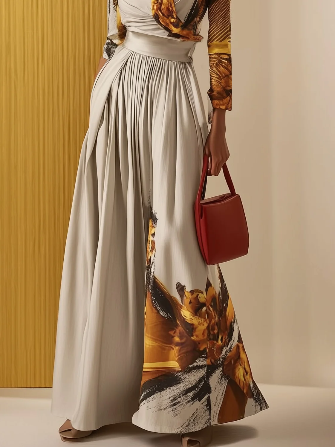 Women Light Khaki Floral V Neck Long Sleeve Wide-Leg Jumpsuit
