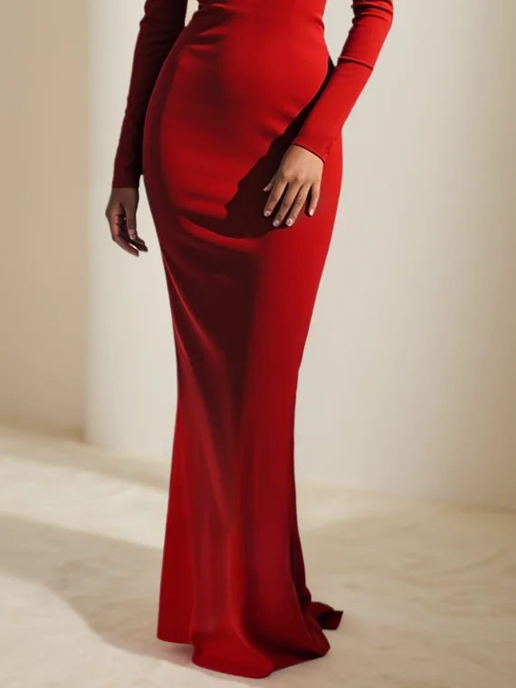 Red 3D Floral Long Sleeve Sheath Maxi Dress