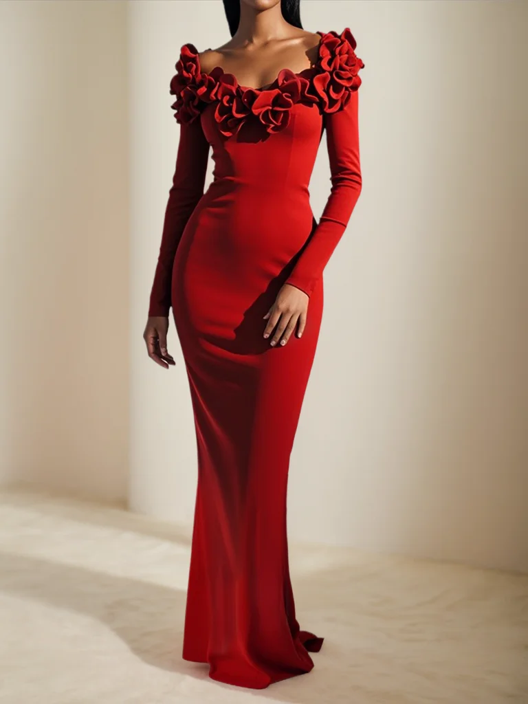 Red 3D Floral Long Sleeve Sheath Maxi Dress