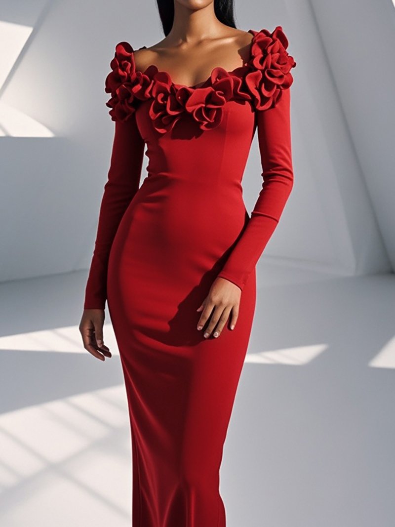 Red 3D Floral Long Sleeve Sheath Maxi Dress