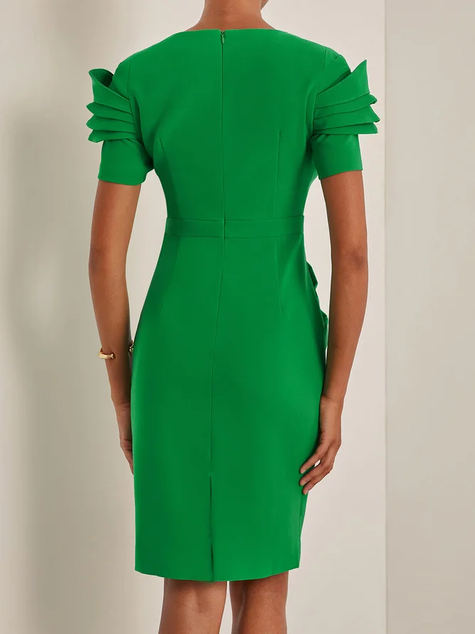 Green Ruched Short Sleeve Sheath Midi Dress