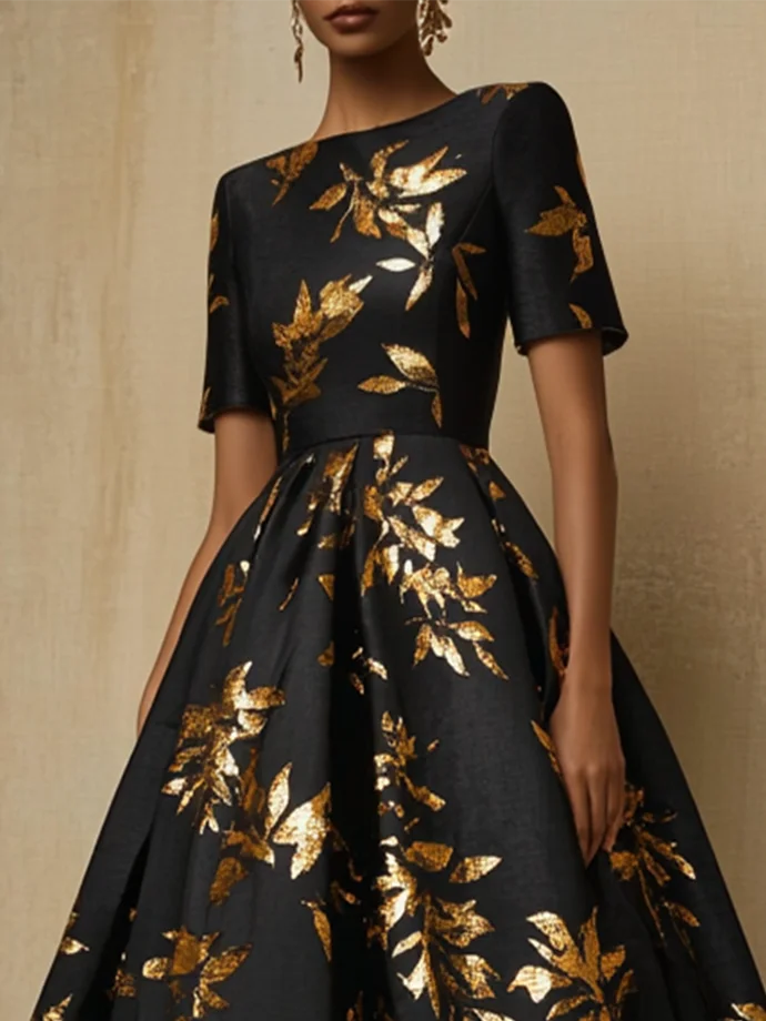 Black Gold Hot Stamping Floral Short Sleeve A-Line Maxi Dress