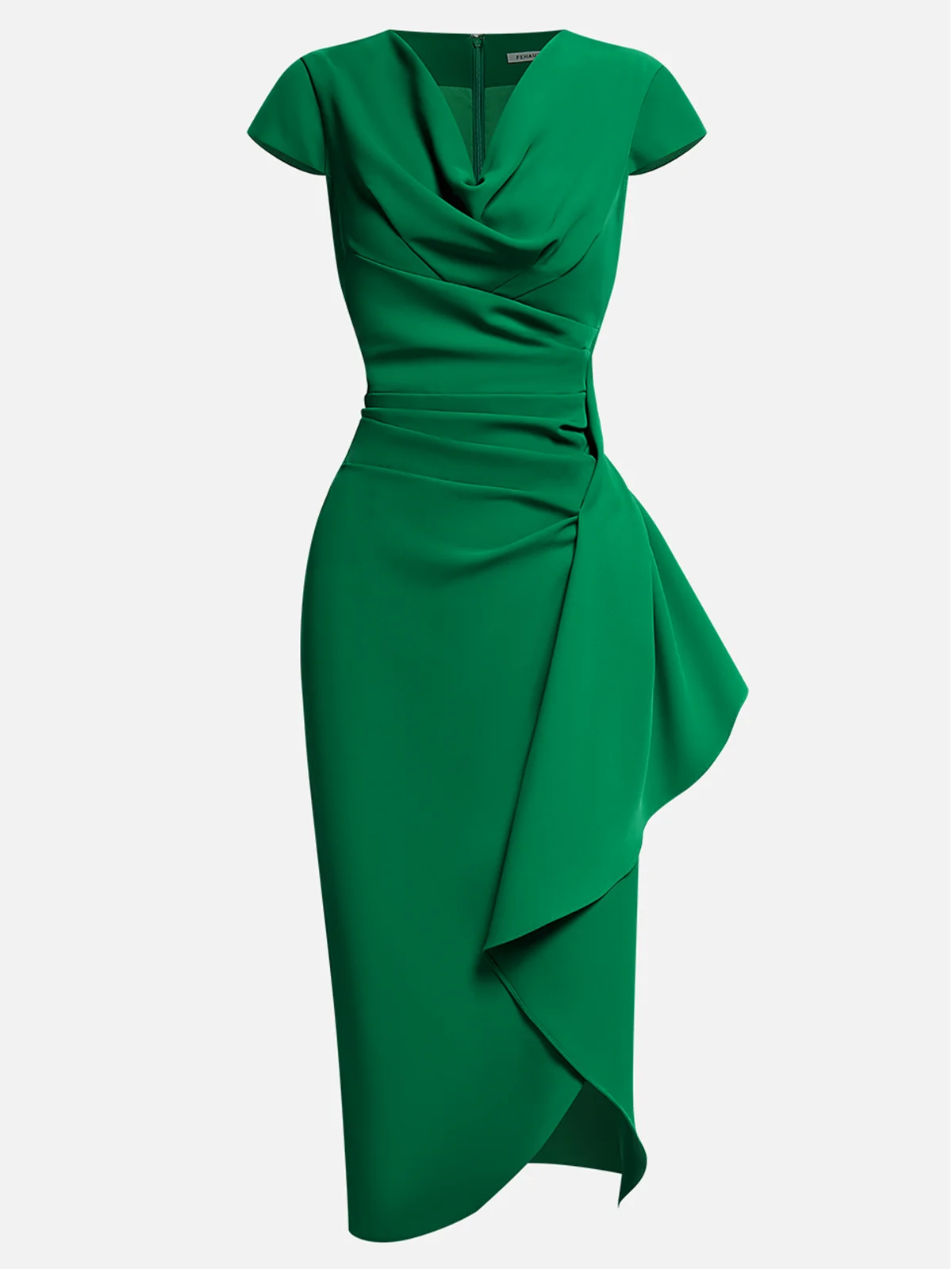 Green Cowl Neck Ruched Cap Sleeve Sheath Midi Dress