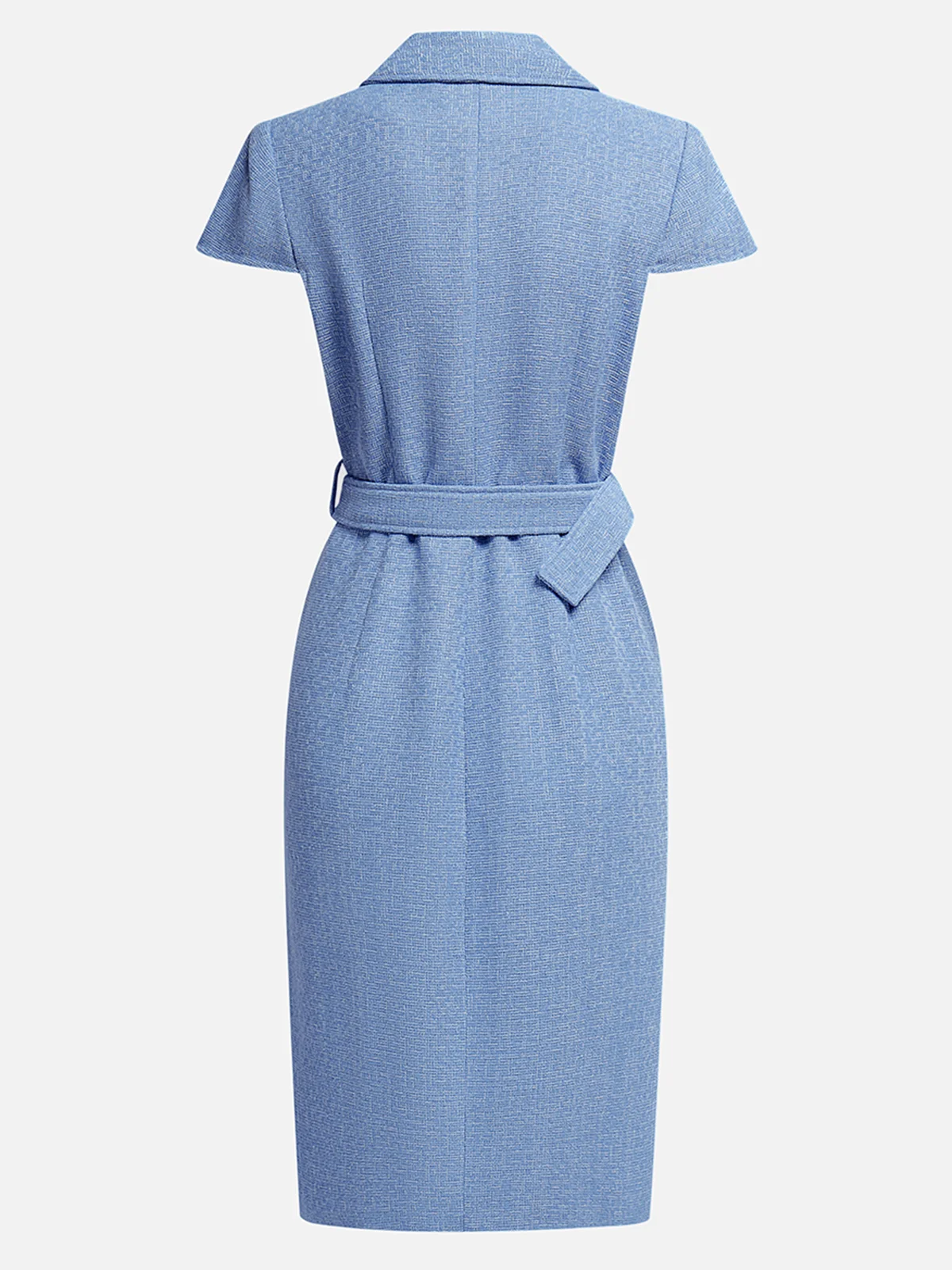 Blue Short Sleeve Tweed Sheath Midi Dress With Belt