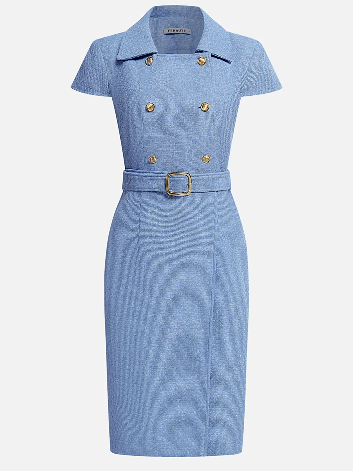 Blue Short Sleeve Tweed Sheath Midi Dress With Belt