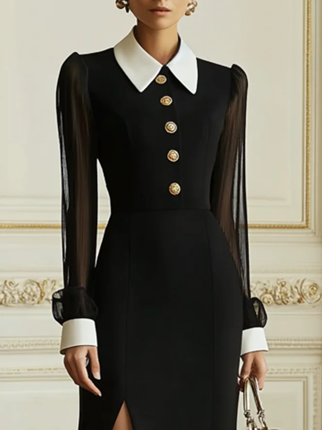 Black Mesh Collared Long Puff Sleeve Slit A-Line Blazer Maxi Dress