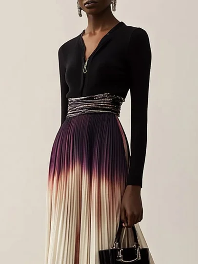Women Ombre Black Long Sleeve A-line Pleated Two-Piece Set