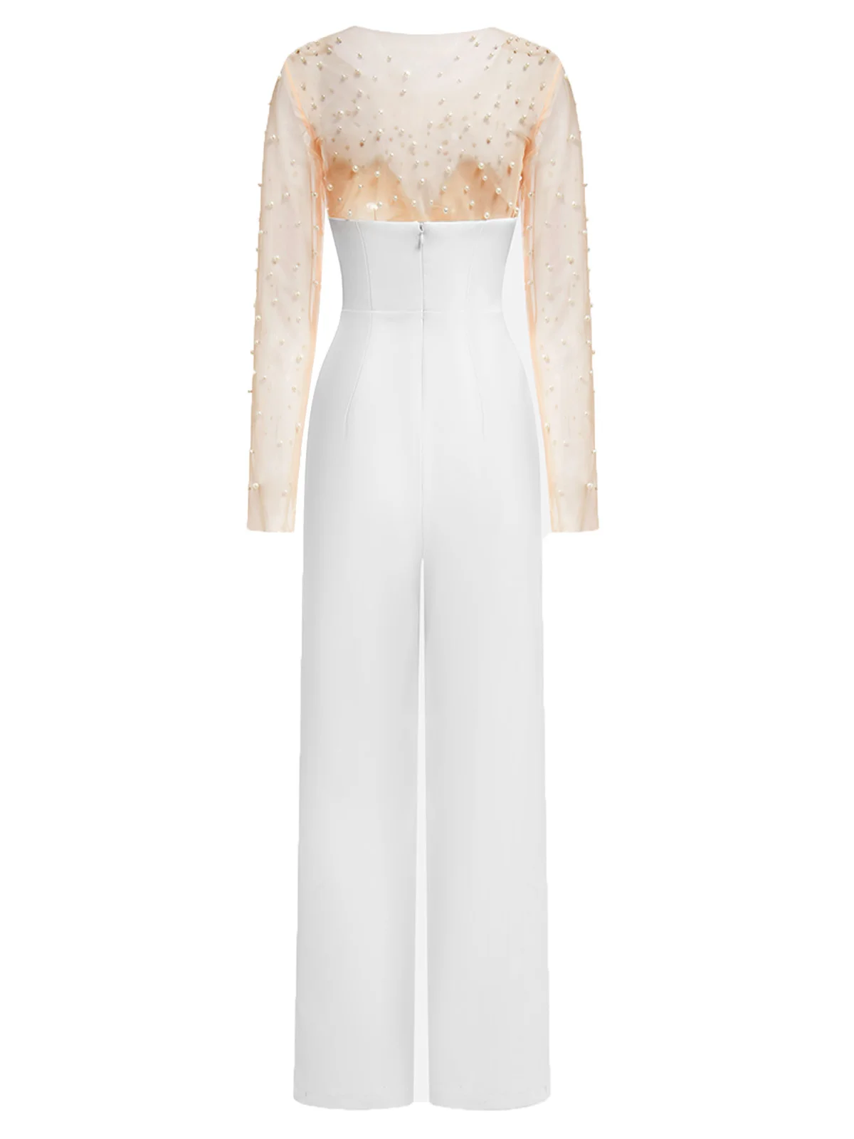 Women White Mesh Imitation Pearls Strapless Wide-Leg Jumpsuit