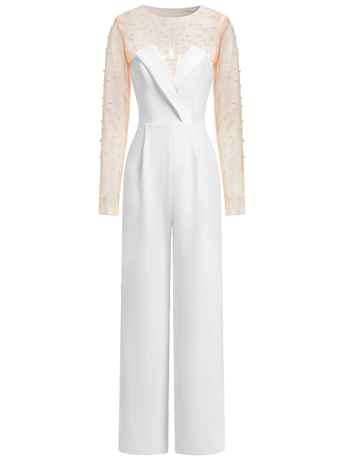 Women White Mesh Imitation Pearls Strapless Wide-Leg Jumpsuit
