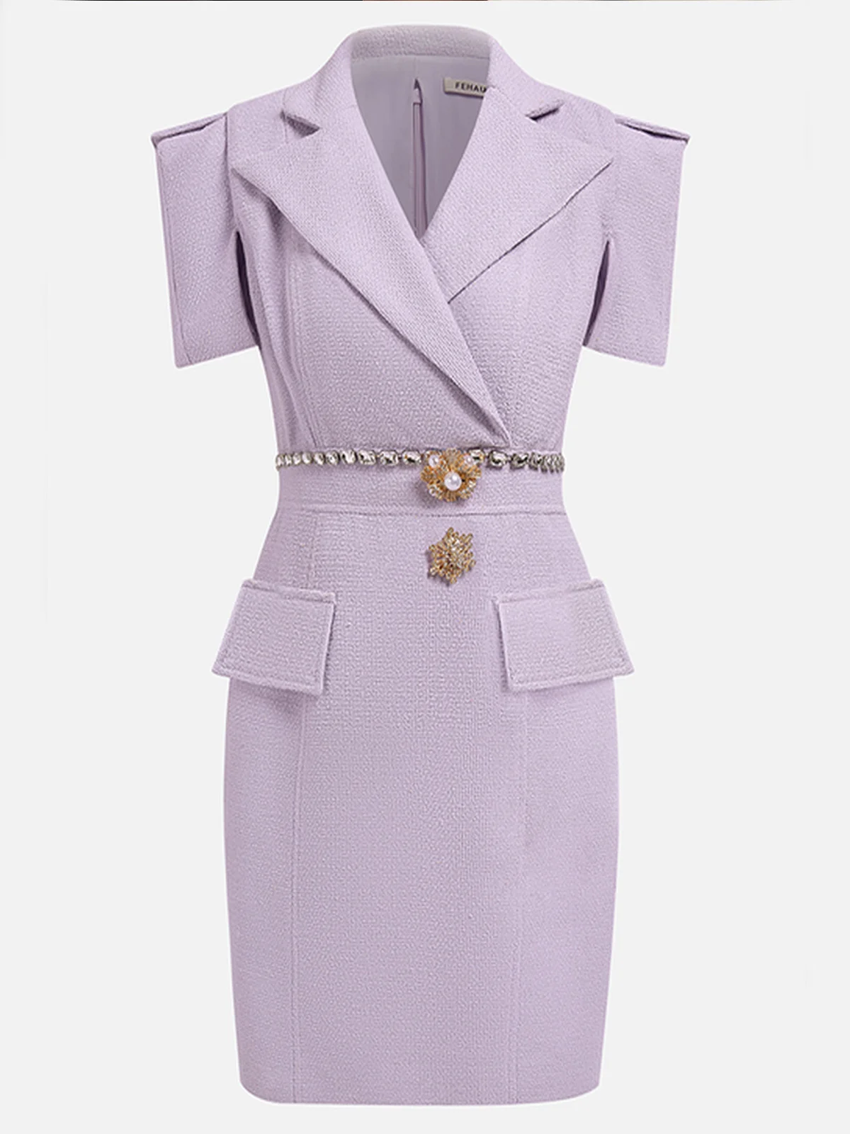Lavender Purple Shawl Collar Short Sleeve Tweed Sheath Mini Dress