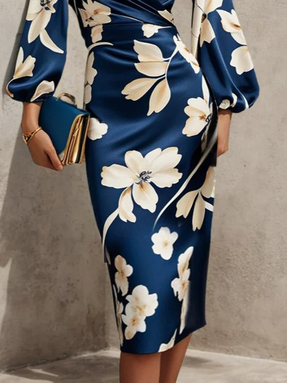 Blue Floral V Neck  Balloon Sleeve Midi Sheath Satin Dress