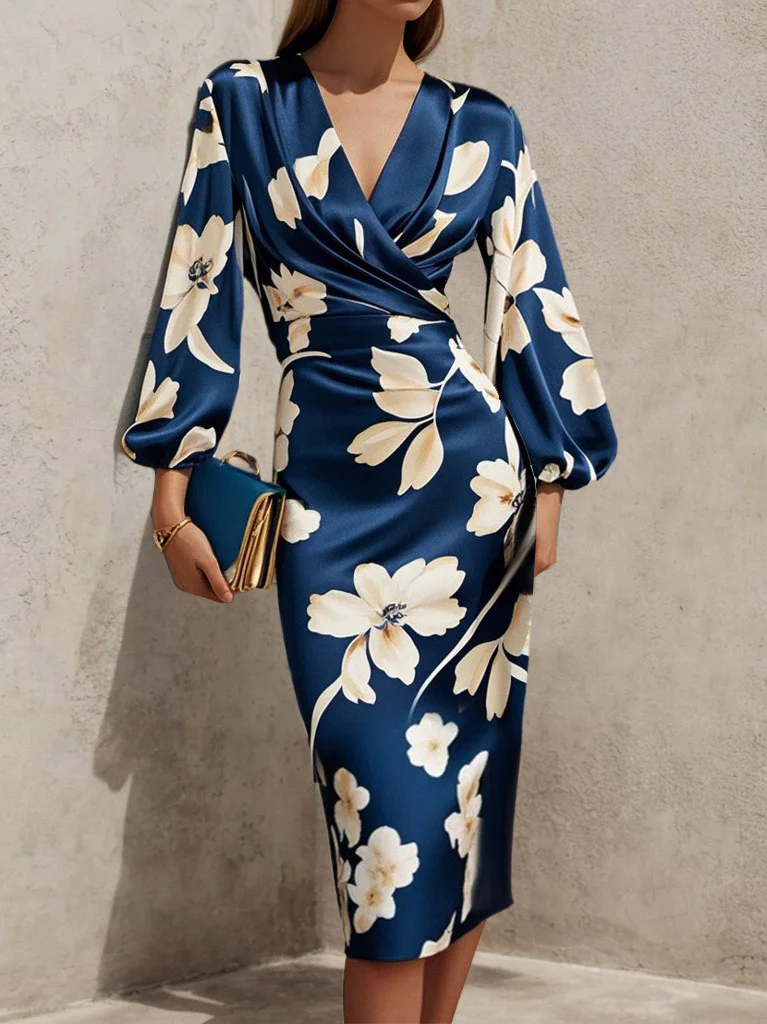 Blue Floral V Neck  Balloon Sleeve Midi Sheath Satin Dress