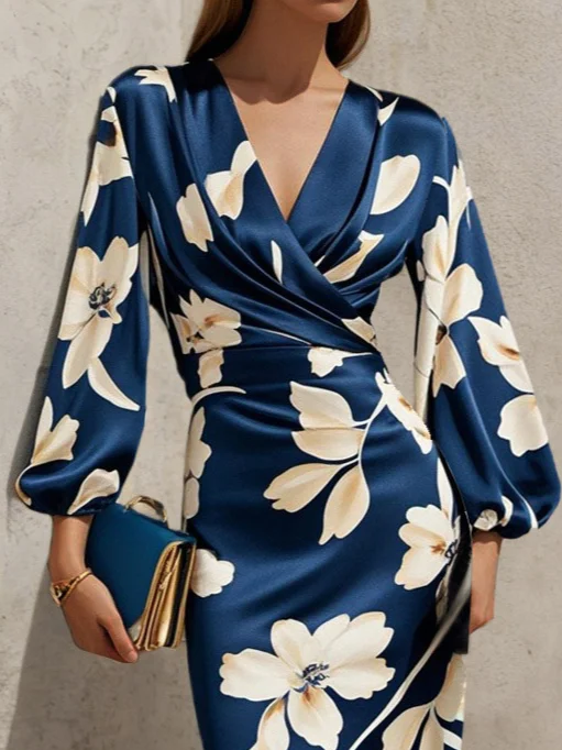 Blue Floral V Neck  Balloon Sleeve Midi Sheath Satin Dress