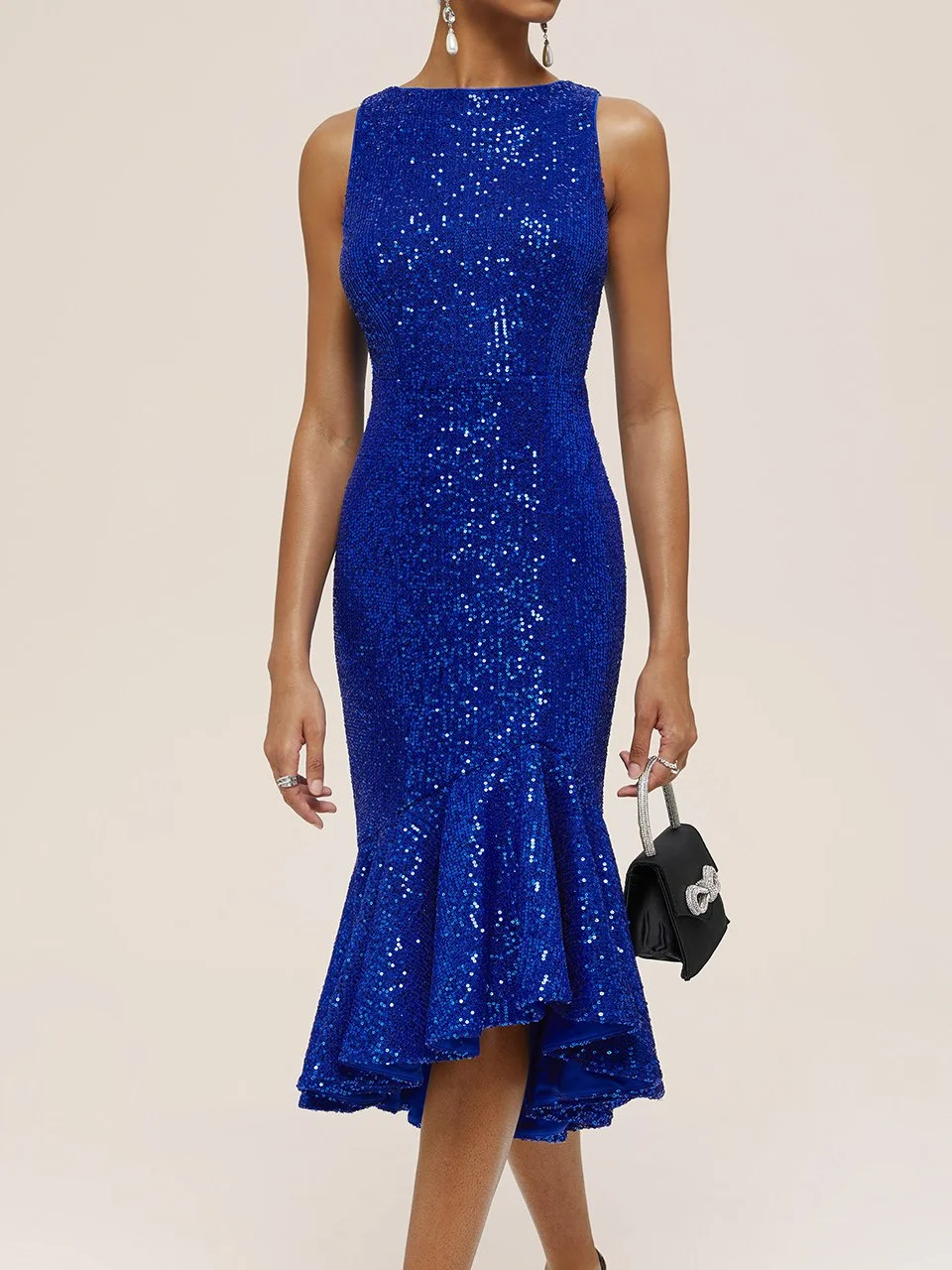 Blue Sequin Boat Neck Mermaid Midi Dress