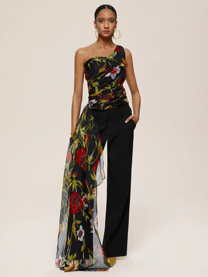 Women Black Floral One-Shoulder Chiffon Two-Piece Set
