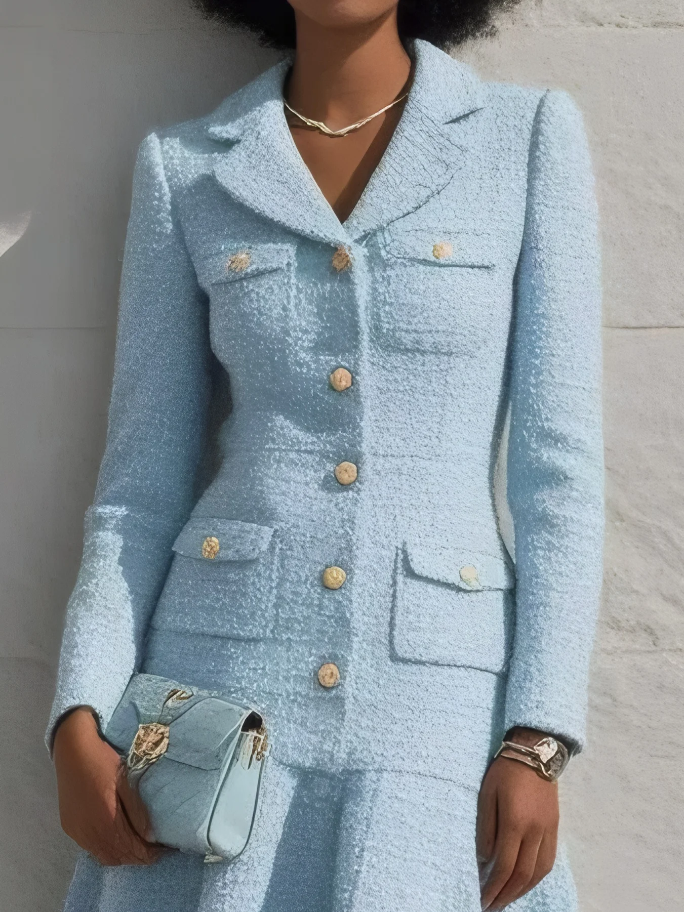 Light Blue Lapel Collar Pocket A-Line Midi Tweed Blazer Dress