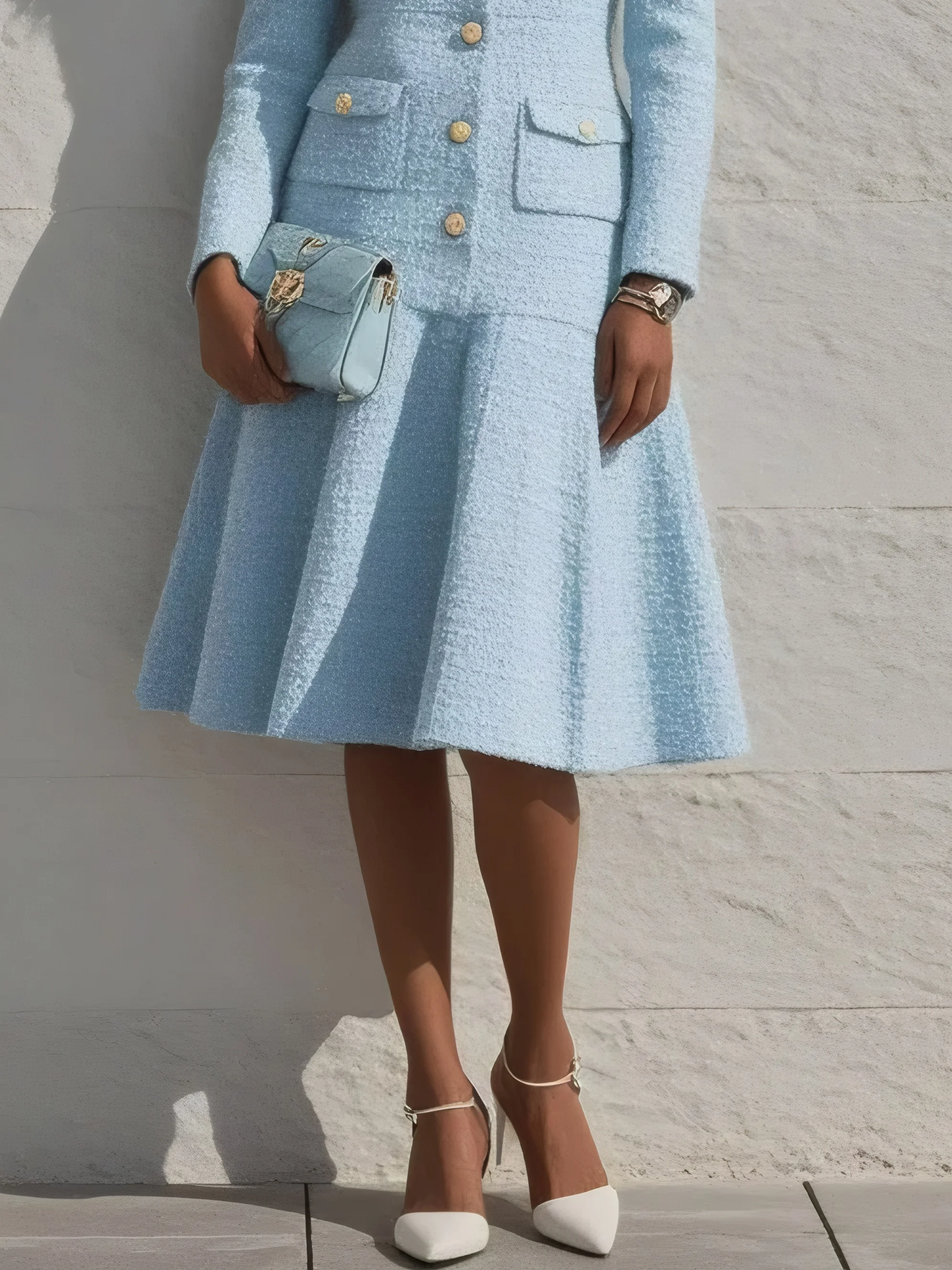 Light Blue Lapel Collar Pocket A-Line Midi Tweed Blazer Dress