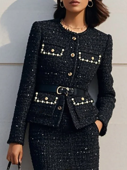 Women Black Beaded Crew Neck Long Sleeve Two-Piece Set