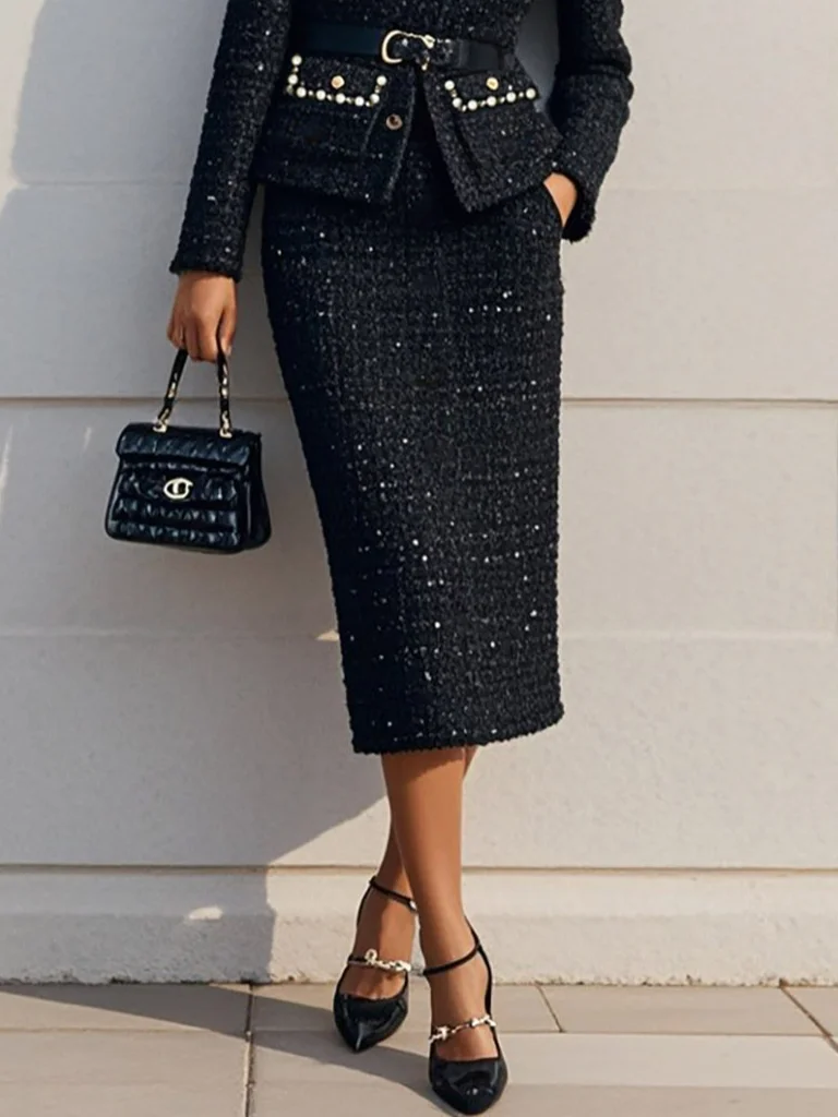 Women Black Beaded Crew Neck Long Sleeve Two-Piece Set